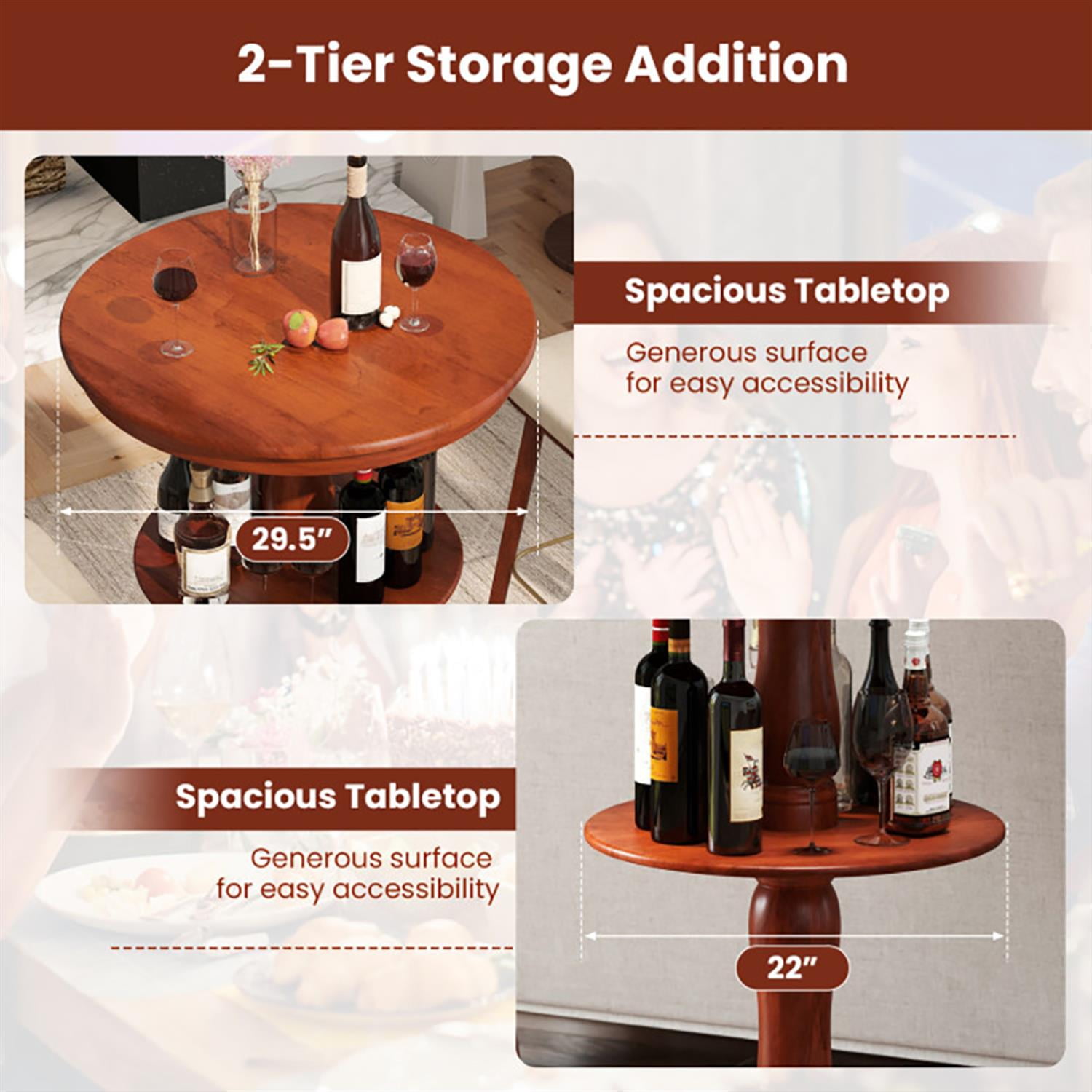 Demi Bonn 29" Pub Table, 2-Tier Round High Top Bar Table with Storage Shelf and Pedestal Base, Perfect for Small Space, Brown