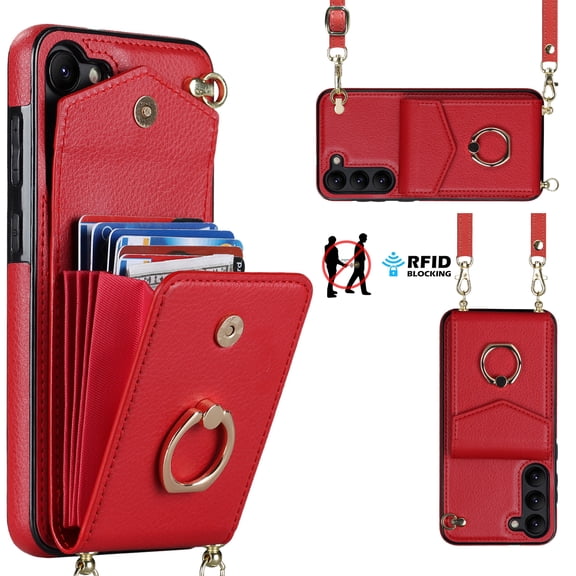 Wallet Case for Samsung Galaxy S21 Plus, PU Leather Shoulder Strap Lanyard Crossbody Card Slot Magnetic Cover with RFID Blocking Ring Holder Kickstand Soft TPU Bumper Case,Red