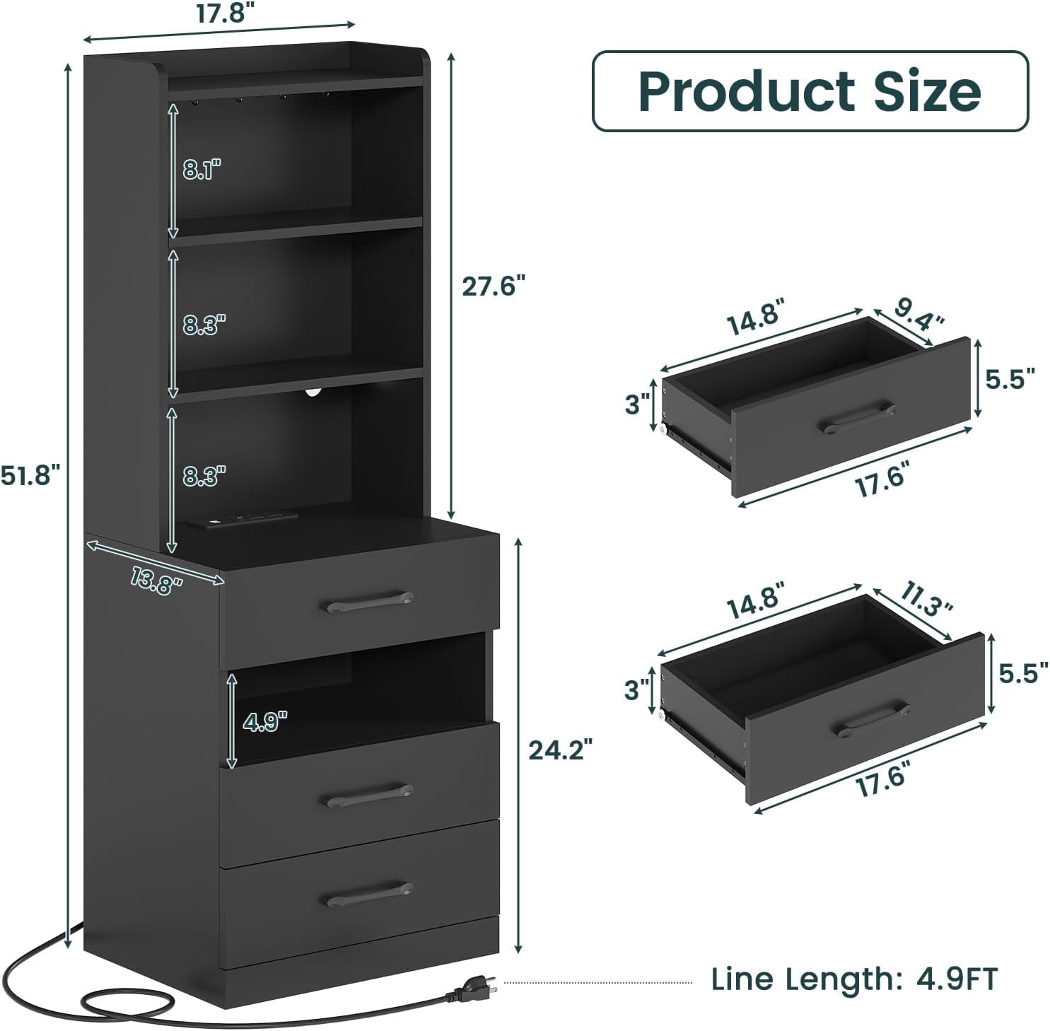 AOGLLATI Tall Nightstand with Charging Station and LED Lights Bookshelf, Bedside Table with 3 Drawers and Storage Shelves, End Side Table for Bedrooms