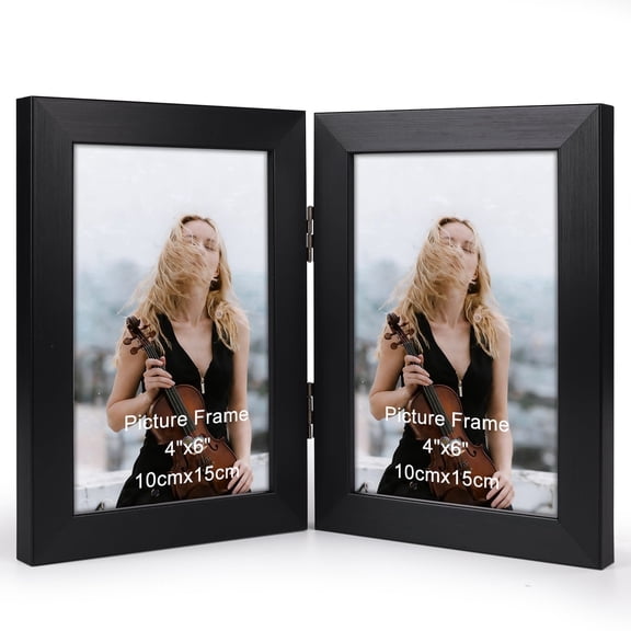 4x6 Double Picture Frame, Black Hinged Folding Frame for Tabletop Standing, Gift for Father 's Day or Wedding