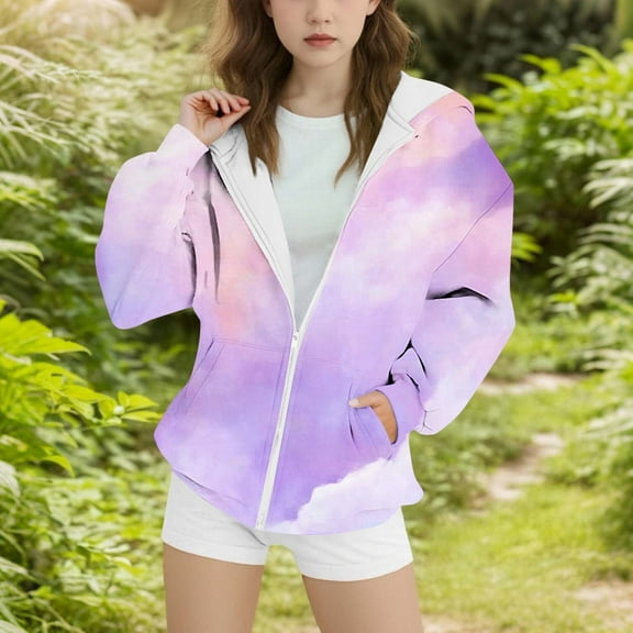 AUNVITO Girls 4-15Y Fleece Hooded Jacket Striped Print Casual Sporty Winter Warm Lightweight Elastic Cuffs Cozy Pullover