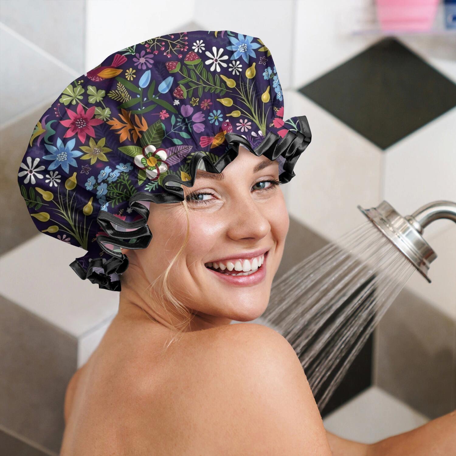 Shower Caps,Pioneer Flower Floral Print Pattern Waterproof Shower Cap for Women 4 Pieces,Double Reusable Hair Cover for Shower PEVA Elastic Stretch Hem