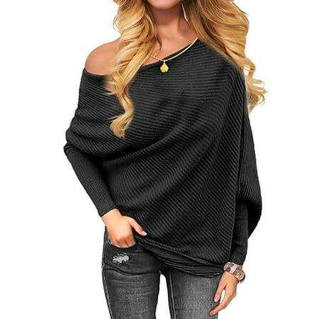 Solid Pullover Sweater - Women's Off Shoulder Knit Jumper Long Sleeve Pullover Baggy Solid Sweater