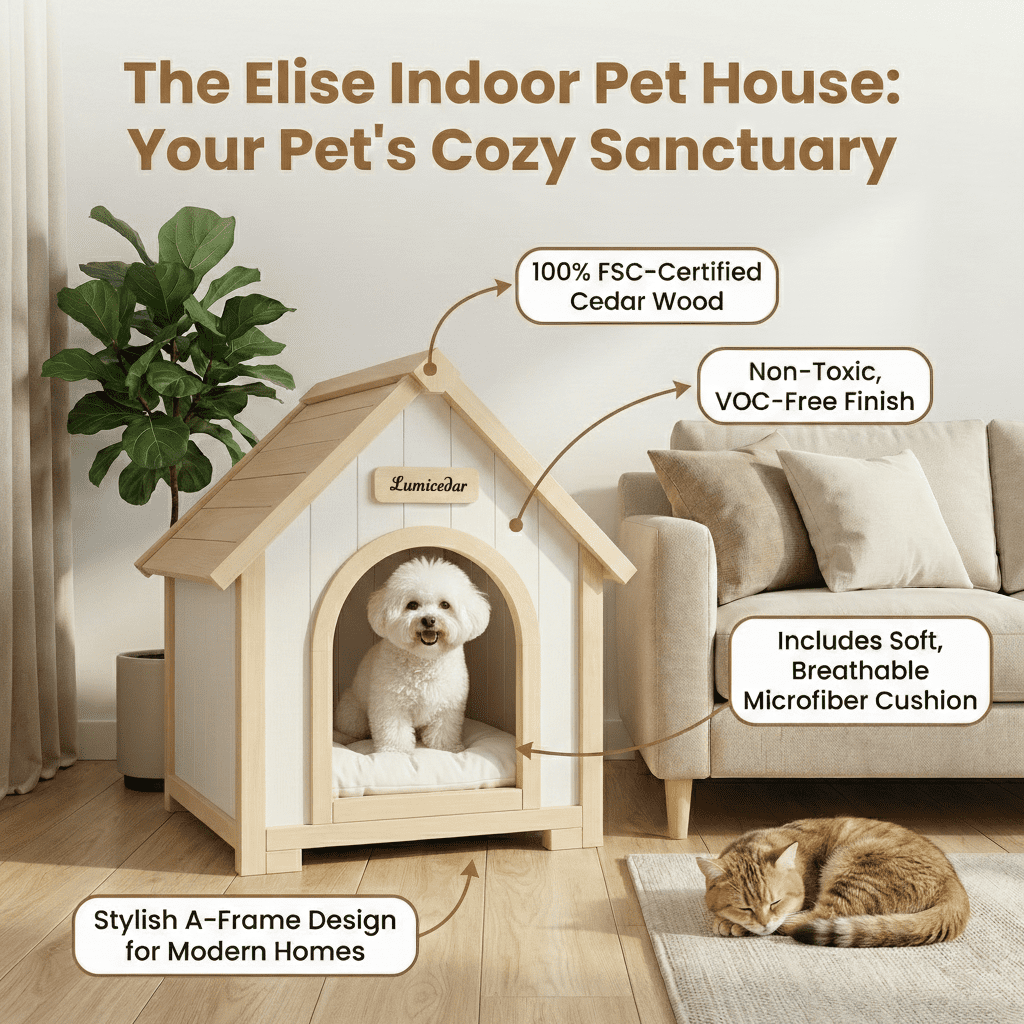 Indoor Wooden Dog House with EVA Cushion, Solid Cedar Furniture-Style Pet House Shelter for Small Dogs and Cats, Scandinavian Design Cozy Retreat for Living Room Bedroom, Creamy White Light Yellow