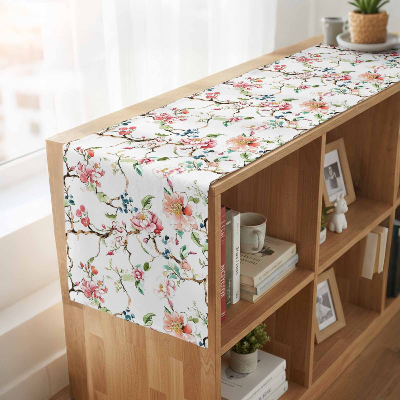 Pink Green Botanical 90 Inch Table Runner, Summer Watercolor Branch Flower Farmhouse Dresser Scarf Cotton & Linen Tablerunner for Dining/Kitchen Island/Holiday Party Décor 13" x 90"
