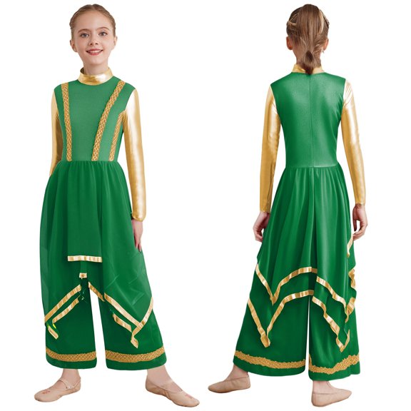 Doomiva Kids Girls Lyrical Praise Dance Outfit Long Sleeve Irregular Hem Worship Gold Trim Dress with Wide Leg Pants Green 8
