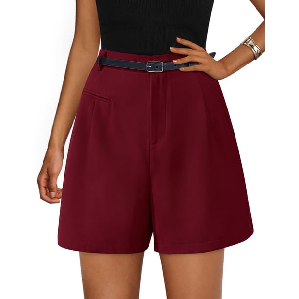 PRETTYGARDEN Shorts de Mujer de Tiro Alto Pierna Ancha Vino Rojo XL