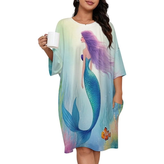 Mermaid Under The Sea Sleepshirts For Sleeping Travels Loose Sleepdress Pajama Dress Soft Nightdress Sleepwear