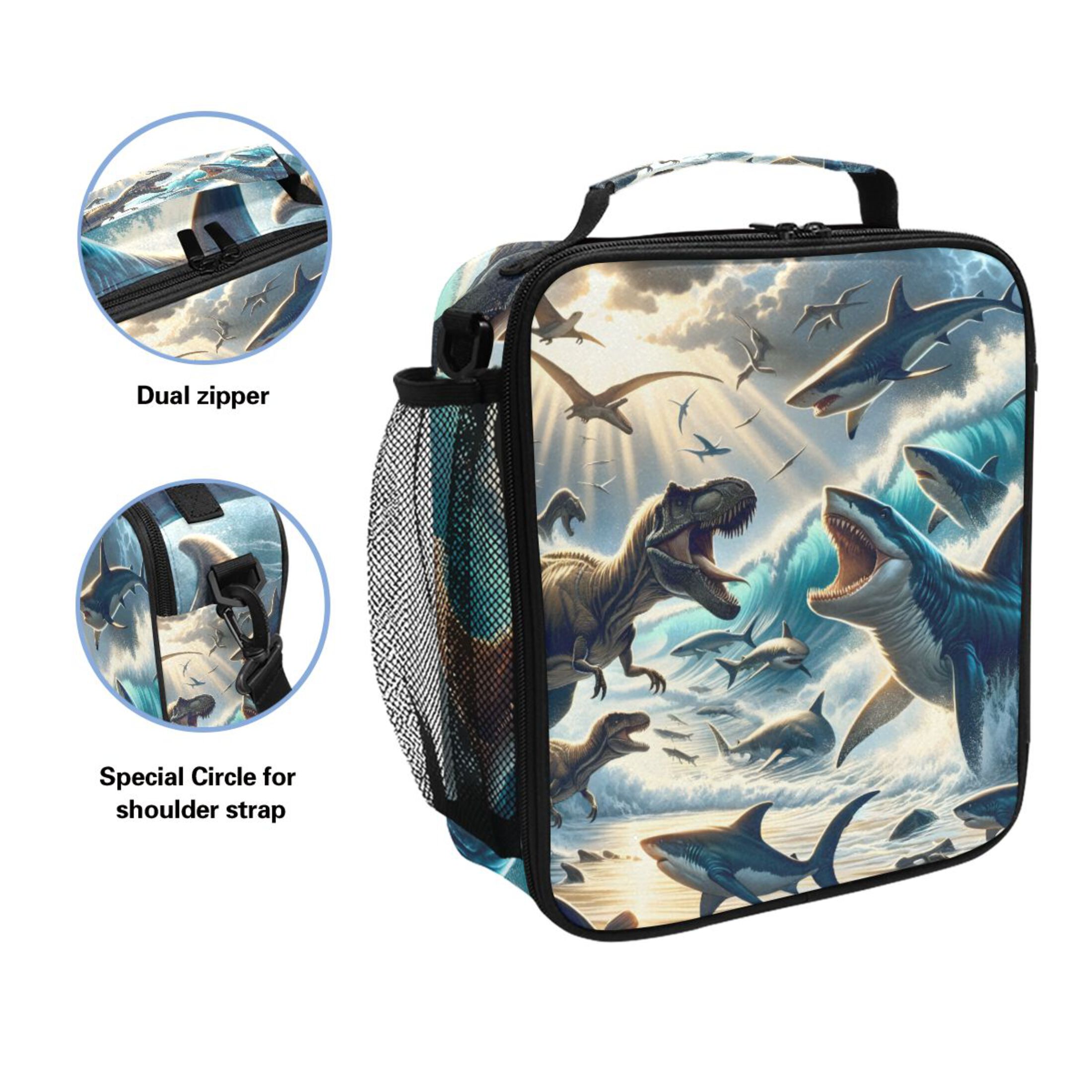 ALAZA Dinosaurs and Sharks on Beach Lunch Box Insulated Lunch Bag Reusable Thermal Cooler Tote School Picnic