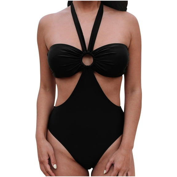 Womens Halter One Piece Swimsuits Cut Out Backless Bathing Swimming Suit Sexy Black Swimwear Summer Beachwear (Small, Black)