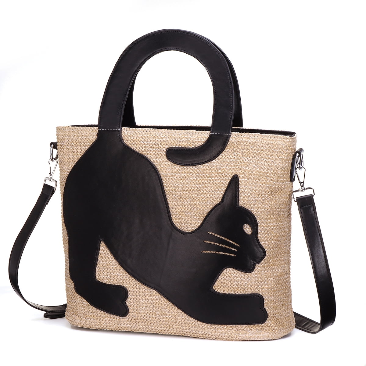 Sunlome Cool Black Cat White Handbags For Women Girls PU Leather Shoulder Tote Bag