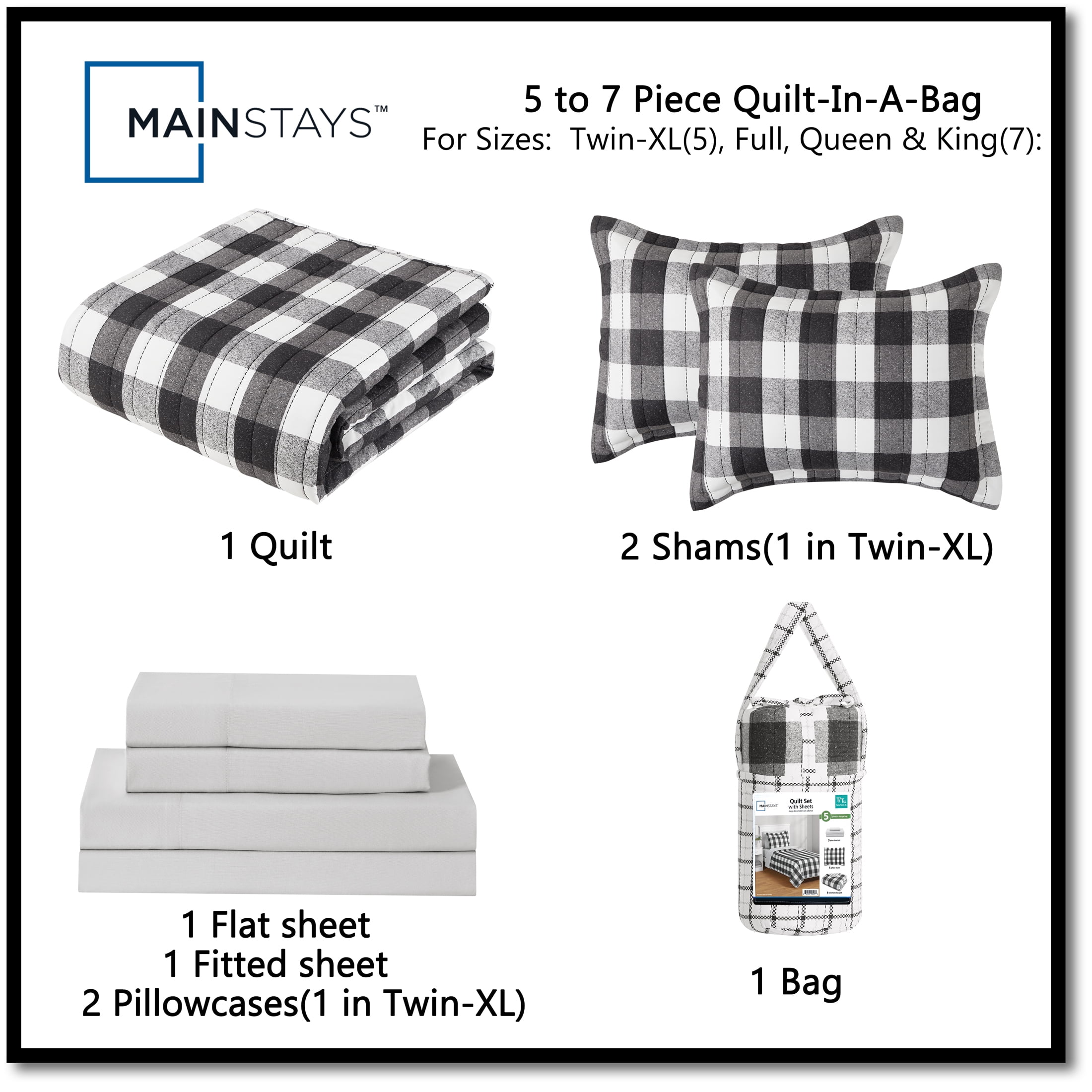 Mainstays All in One Lightweight Quilt Set and Sheet Set -7 Piece, King, Buffalo Check