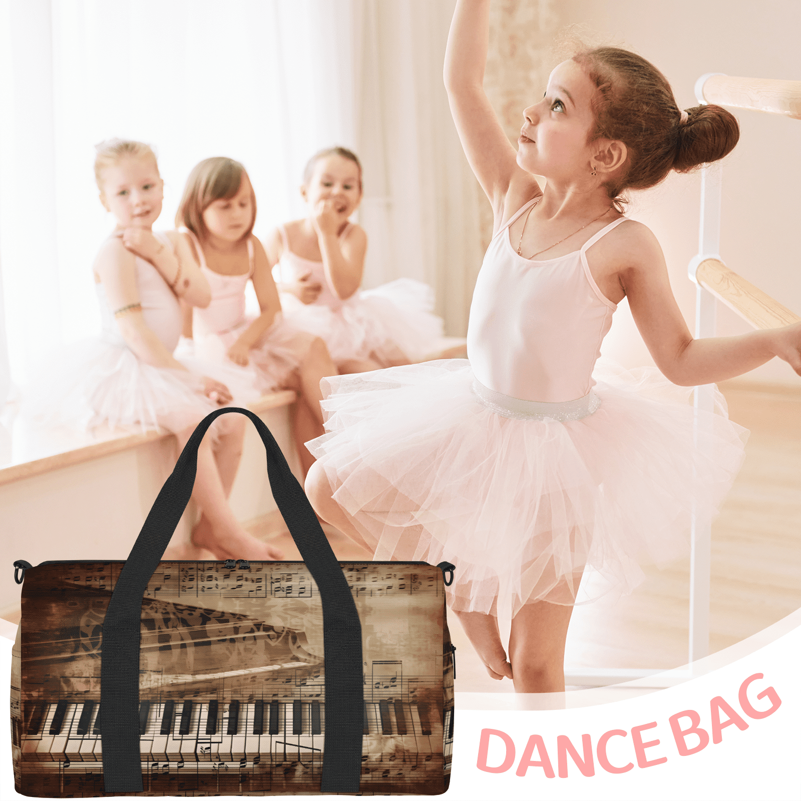 Herdesigns Piano Keys Gym Bag for Women, Duffle Bag for Travel Sport, Music Note Theme Lightweight Waterproof Carry on Weekender Dance Yoga Workout Bags