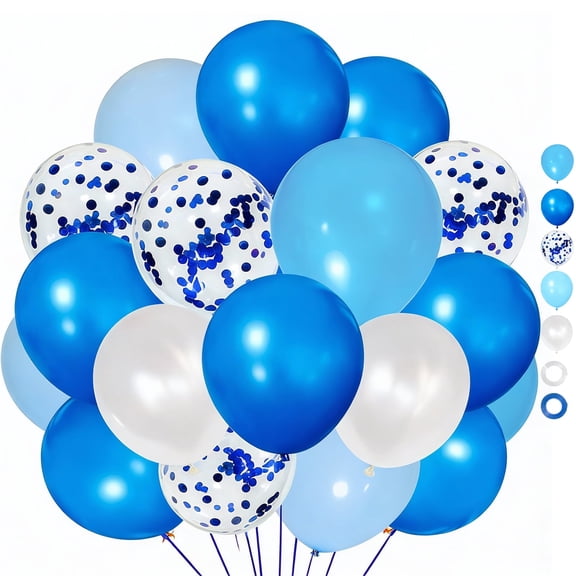 68Pcs Blue and White Balloons , 12 Inch Blue Confetti Balloons Light Blue Baby Blue Pearl White Balloons with Ribbons for Birthday, Wedding, Baby Shower, Graduation Decorations