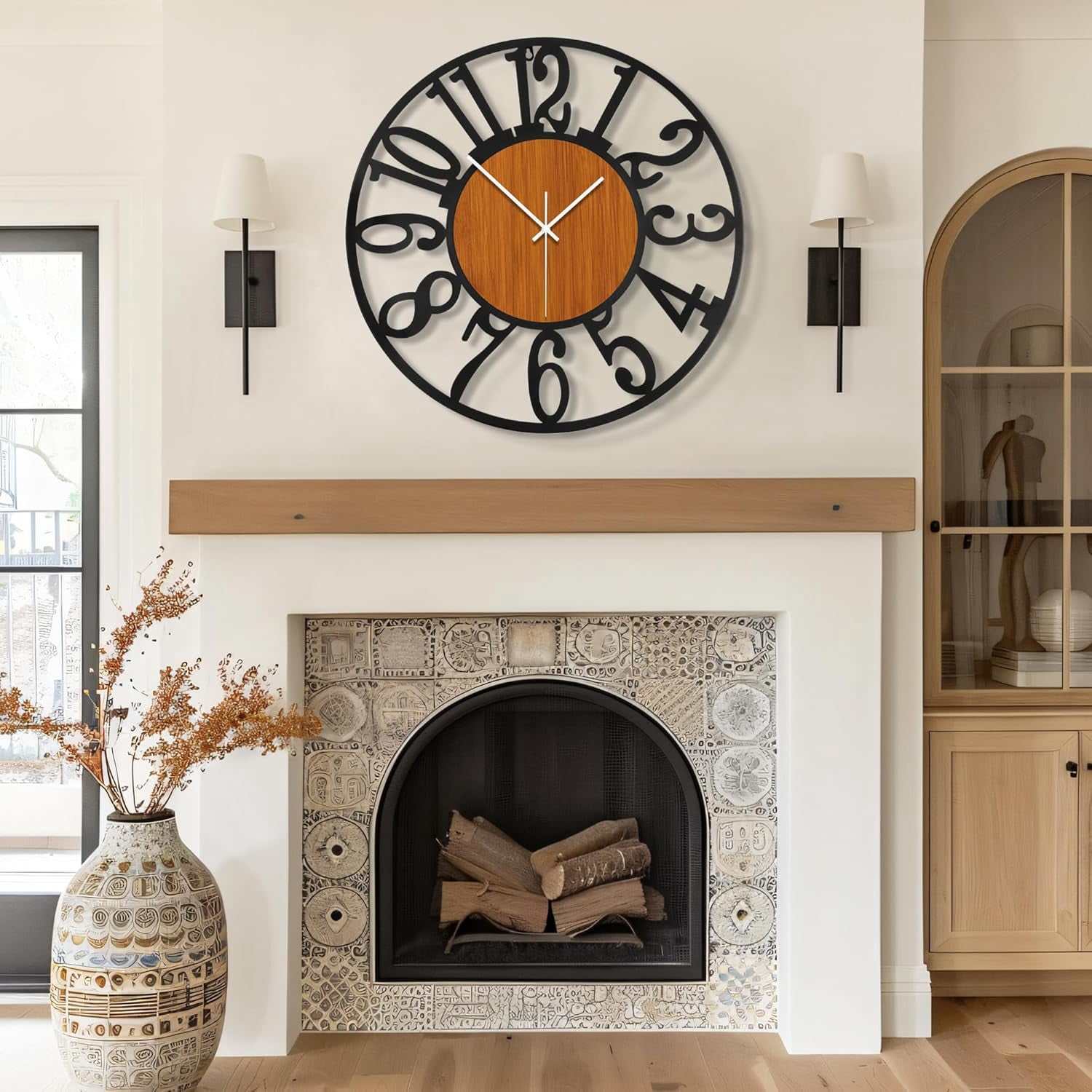 OMA Large Round Wall Clock for Living Room Decor Battery Operated Non Ticking Black Metal Wood Clocks for Home Living Room Garden Office Kitchen Decoration -24 inch