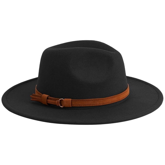 BadPiggies Vintage Fedora Hat for Men & Women Wide Brim Felt Hats with Belt Buckle (Black)