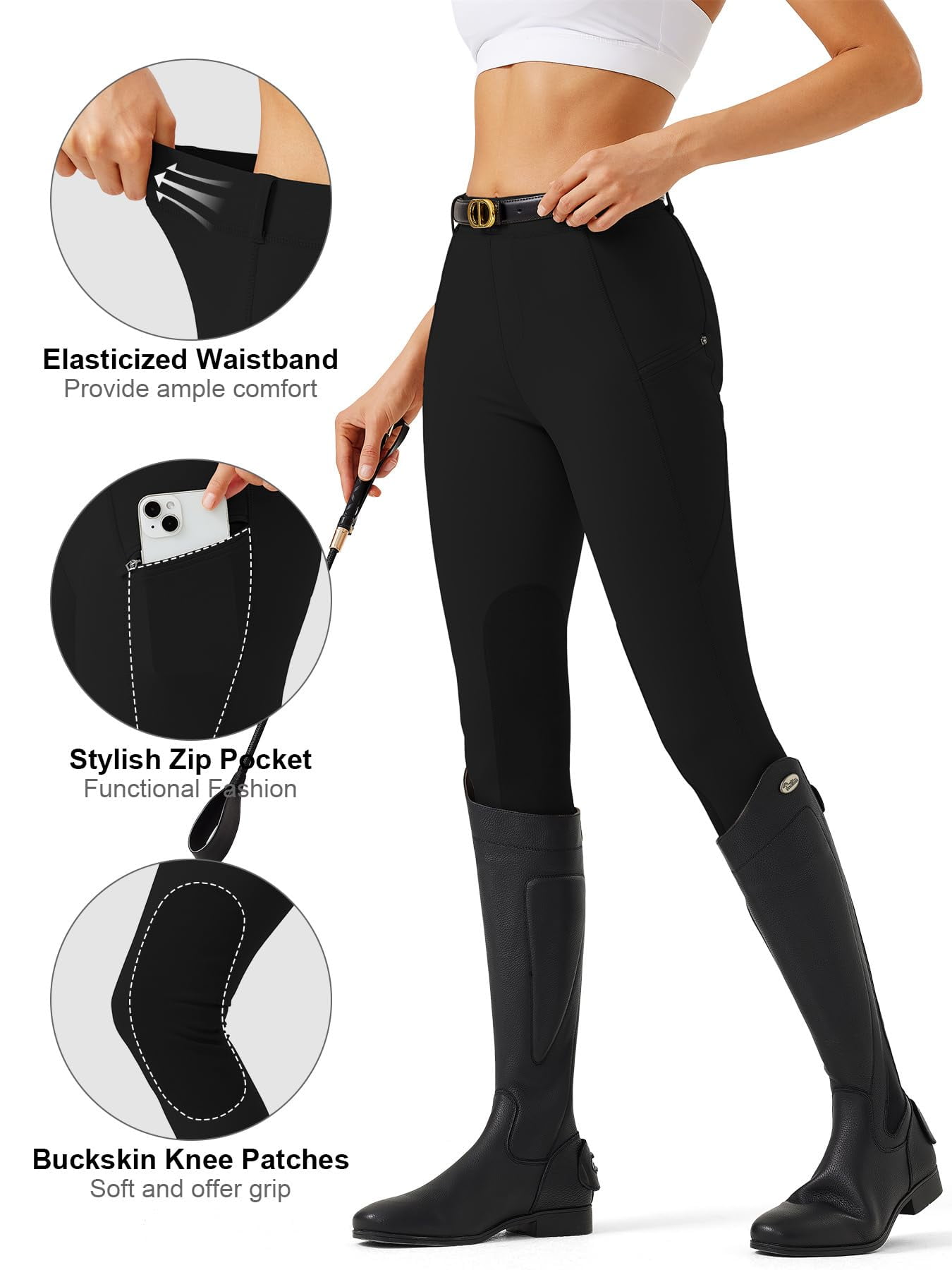 Women's Horse Riding Pants with Zipper Pockets Knee-Patch Schooling Tights Equestrian Breeches for Women Black M