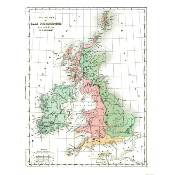 Historic Map - British Isles Physical - Cortambert 1880 - 23 x 29.94 - Vintage Wall Art