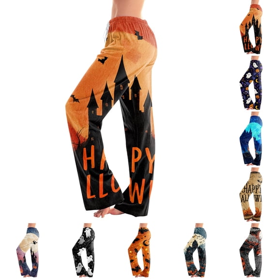Satingcolo Pajama Bottoms for Women Halloween Pjs Pants Drawstring Wide Leg Lounge Pants Halloween Printed Sleepwear Trousers S-3XL