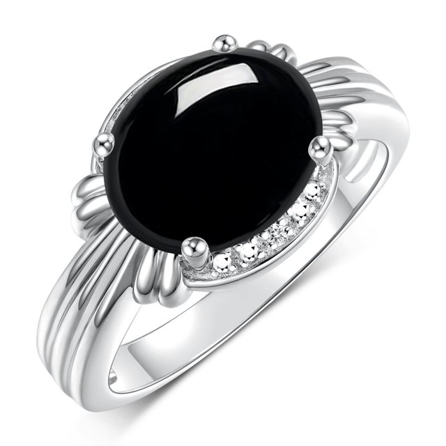 RYLOS Bagues pour Femmes Bague en or Blanc 14K Pierre Précieuse 12X10MM et Diamants Superbe Bague pour Doigt du Milieu Ou Index Cabochon d'Octobre Onyx Bijoux Taille 5