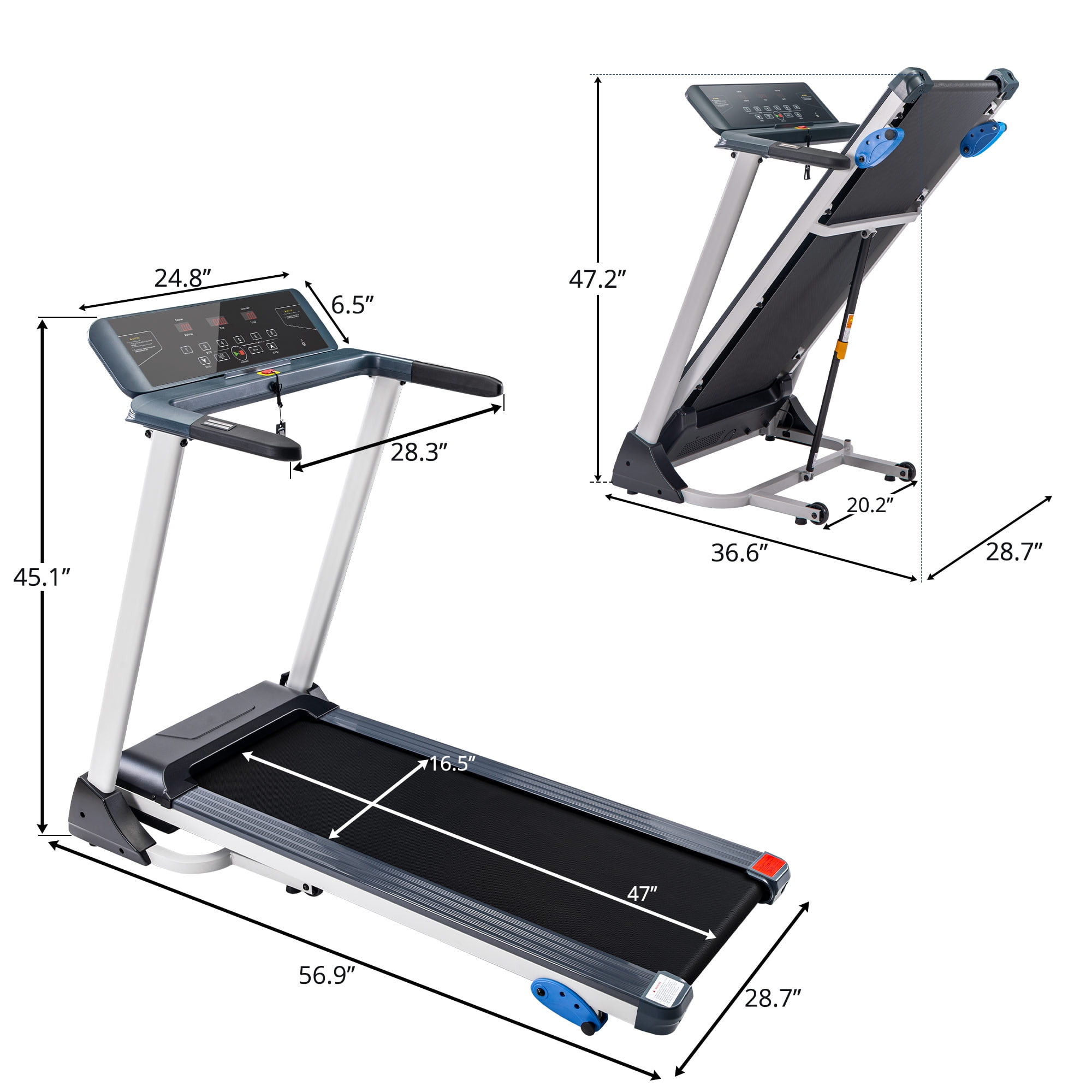 57'' x 23'' x 45'' Exercise Treadmills, Foldable Exercise Machine Treadmills with Speakers, 3 Levels Incline, 16.5'' Wide Tread Belt, 8.0 KM/h Max Speed, Motorized Running Machine for Home, S1828