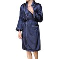 thumbnail image 5 of xiaxaixu Men Satin Bathrobe with Belt, Adults Contrast Color Long Sleeve V-neck Night Robe with Pockets, 5 of 5