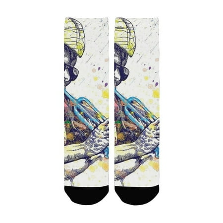 

Jazz Music Decor Illustration of Trumpeter with Paint Splashes at the Background Entertainment Art P Women s Custom Socks (Made In USA)