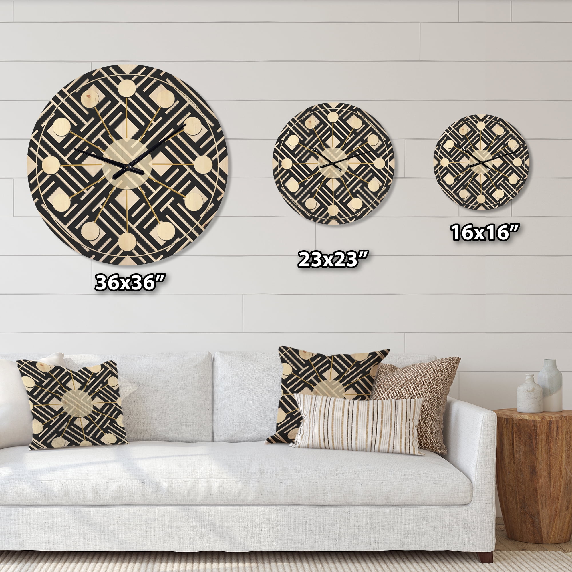 Designart 'Black and White Geometric Pattern II' Mid-Century Modern Wood Wall Clock