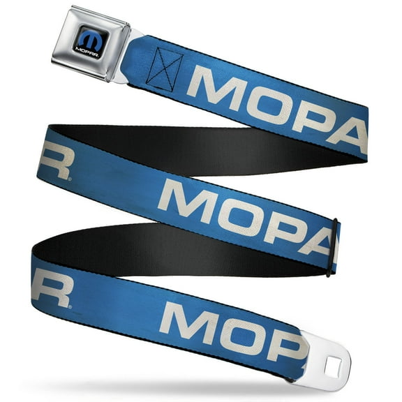 Mopar Belt, Seatbelt Buckle Belt, Mopar Text Blue White, 30 to 44 Inches