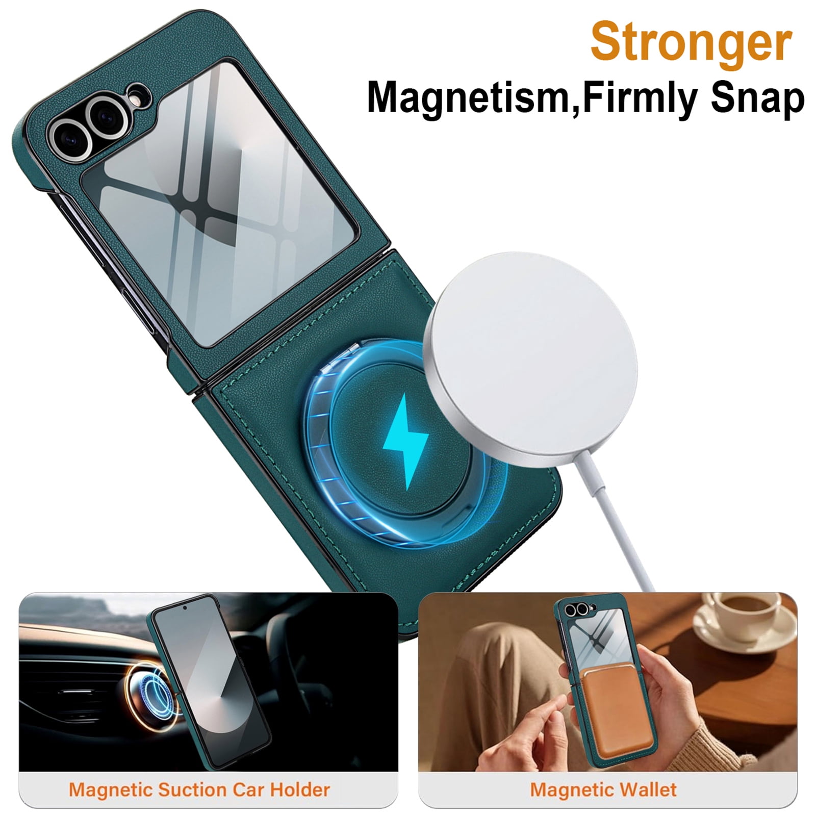 Compatible with Samsung Galaxy Z Flip 7 Phone Case,Built-in Screen Protector,360° Rotatable Ring Kickstand,Compatible with Mag-Safe,Anti-Scratch Leather Shockproof Rugged Phone Case,Green