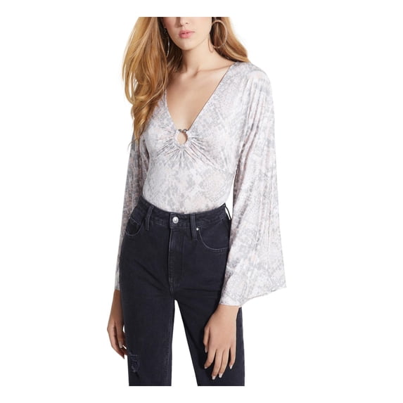 Guess Womens Jazzi Printed Kimono Sleeves Bodysuit Gray XL