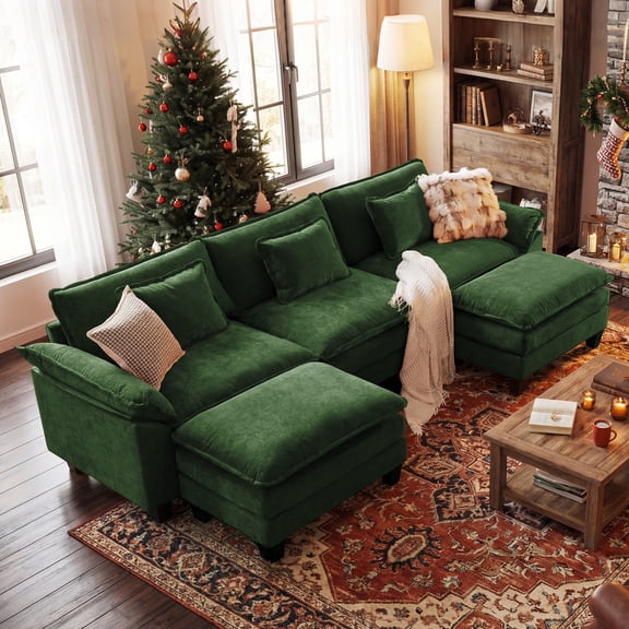 CDCASA 120" Modular Sectional Sofa, 3-Seat U Shaped Cloud Couch with Movable Ottoman, Deep Seat Modern Sofa, Oversized Sectional Couches for Living Room, Green