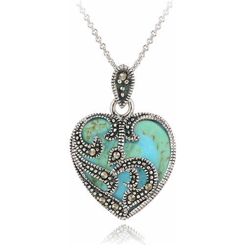 NEW 18" Sterling Silver Heart Gemstone Marcasite Flower Cluster Pendant Necklace