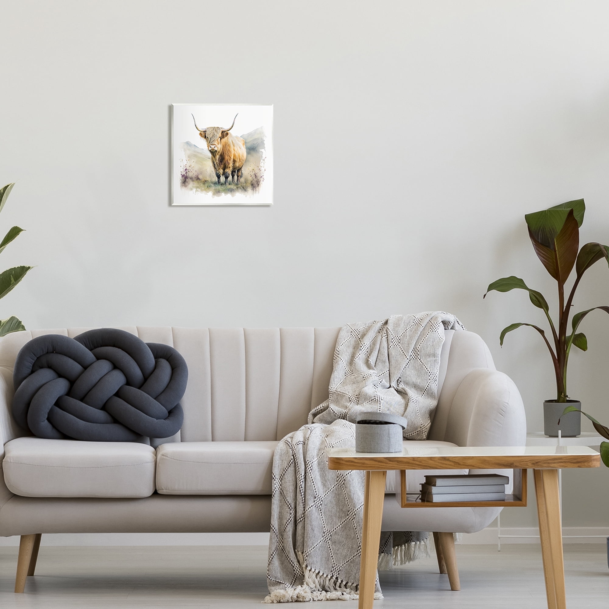 Stupell Industries Modern Cow & Mountain Animals & Insects Painting Unframed Art Print Wall Art, 12 x 12