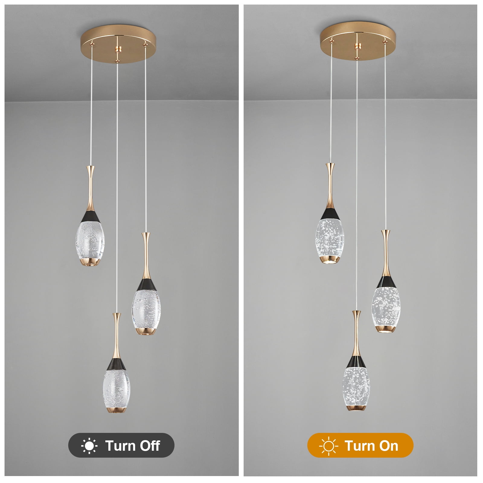 Modern Crystal Pendant Light Teardrop LED Ceiling Light Fixtures Black Gold Dimmable Pendant Lighting for Bedroom Dining Room Kitchen Island（3 Light）
