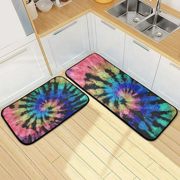 Boho Tie Dye Pattern Kitchen Mats Set 2 Piece Non Slip Floor Foam Rugs Cushioned Soft Waterproof Carpet Runner for Dining Room Bathroom Laundry