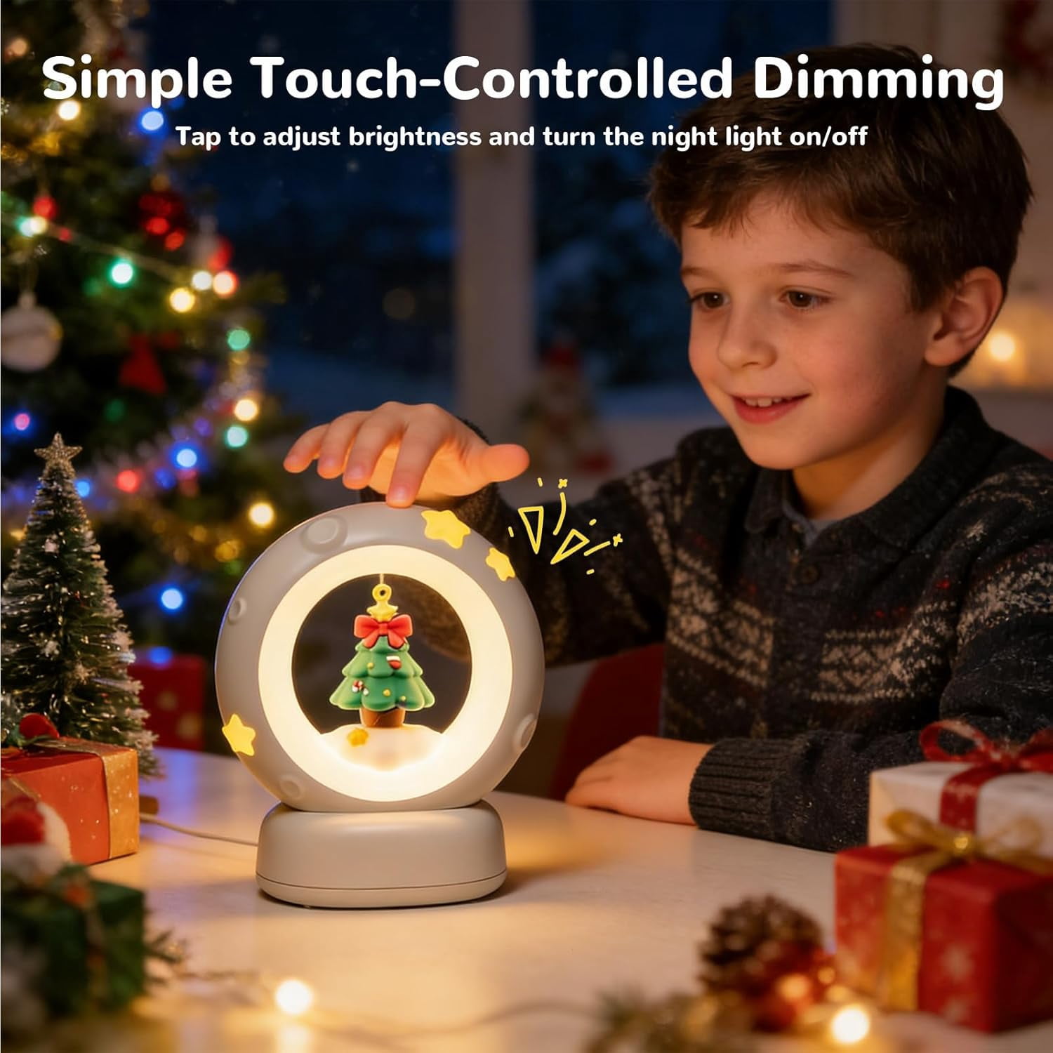 Space Christmas Night Light for Kids Baby, Cute Christmas Tree Nursery Lamp with Touch Sensor, Dimmable Rechargeable Bedside Light, Christmas Gifts for Boys Girls