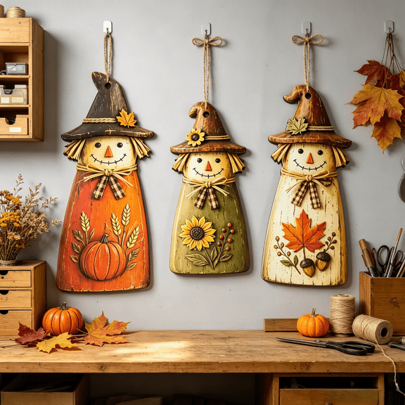 3 Pcs 2D Vintage Wooden Scarecrow Decor Set, Fall Tiered Tray & Mantel Wall Decor Sets, Cute Rustic Standing Autumn Tabletop Statues, Farmhouse Home Decor Gifts for Thanksgiving Holidays