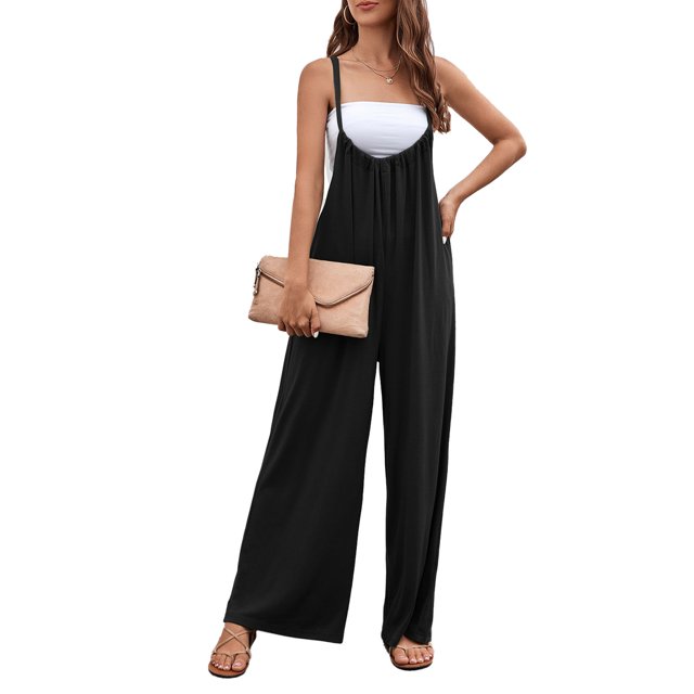 Pierna ancha jumpsuit alta cintura sin respaldo Correa casual suelta poliéster mujeres ropa negro M