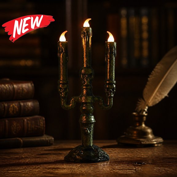 Halloween Decorations Savings, Tarmeek Halloween Candle Decor, Plastic Skull Skeleton Lamp with Gold Frame, Electronic Candle for Indoor and Outdoor Decorative Display, As Shown