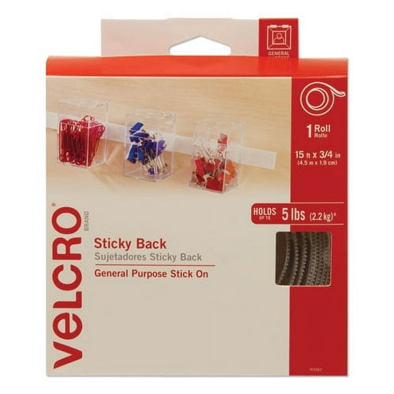 Sticky-Back Fasteners With Dispenser, Removable Adhesive, 0.75" X 15 Ft, White | Bundle of 2 Rolls
