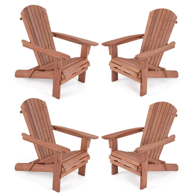 Costway Folding Adirondack Chair Set of 4 in wooden brown finish, featuring high backrests, wide armrests, and a slatted design. Made from durable fir wood with a protective painted finish, these chairs are foldable for easy storage and transport. Each chair has a 105° inclined backrest, a spacious 20-inch by 18-inch seat, and reinforced crossbars for stability. Ideal for outdoor use in backyards, gardens, or poolside settings. Dimensions: 35 inches long, 28 inches wide, and 37 inches high.