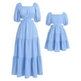thumbnail image 3 of FYMNSI Mommy and Me Square Neck Dresses Solid Color Ruffled Maxi Dress with Pockets Cutout Waist Tiered Matching Outfits Blue (Mom M), 3 of 14