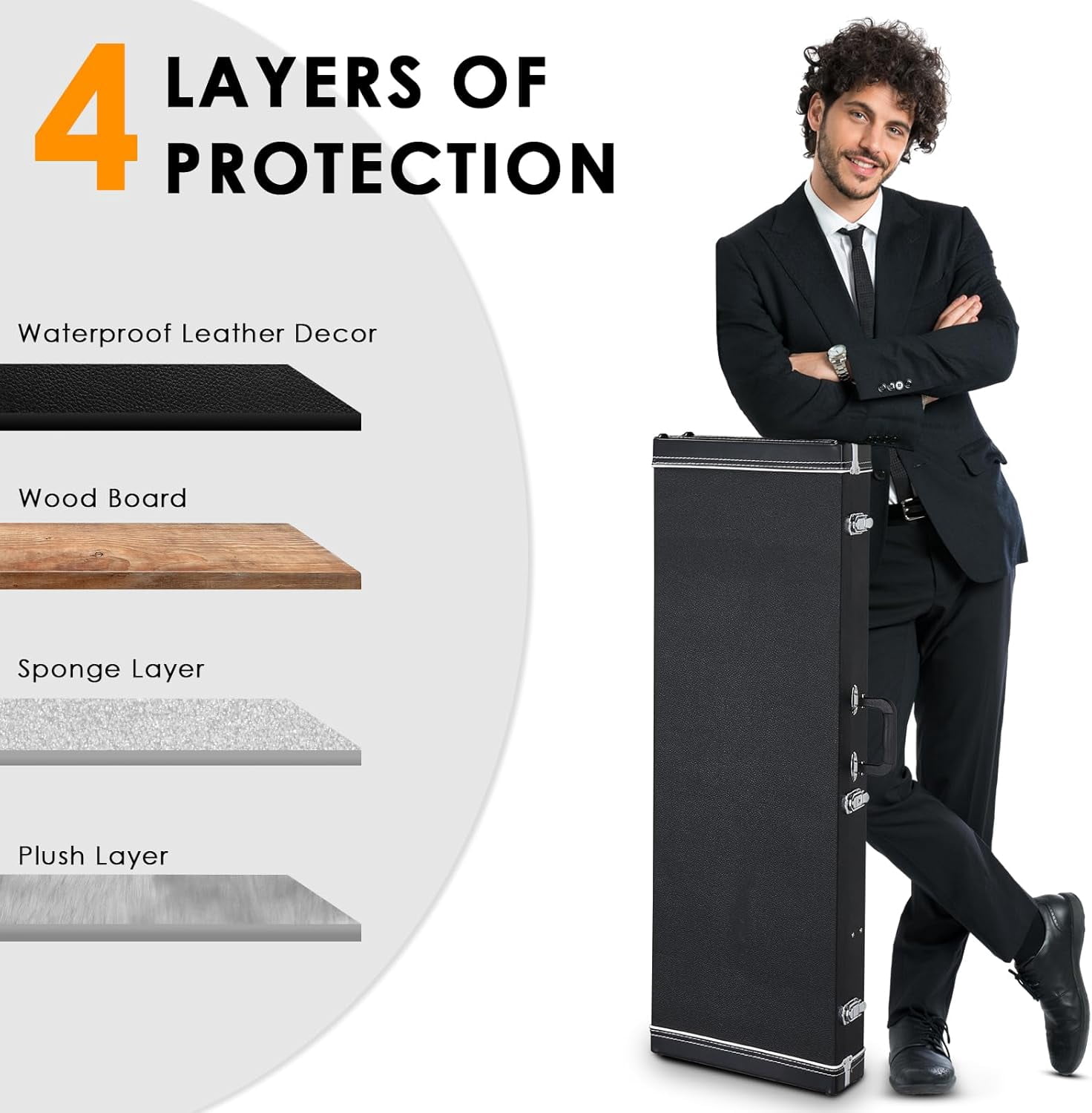 HarmonyStrings Guitar Hard Case, Rectangle Wooden Standard 39-Inch Electric Guitars Hard-Shell Protective Carrying Case for KST/KTL/170 Model with Lock Latch Padding Black
