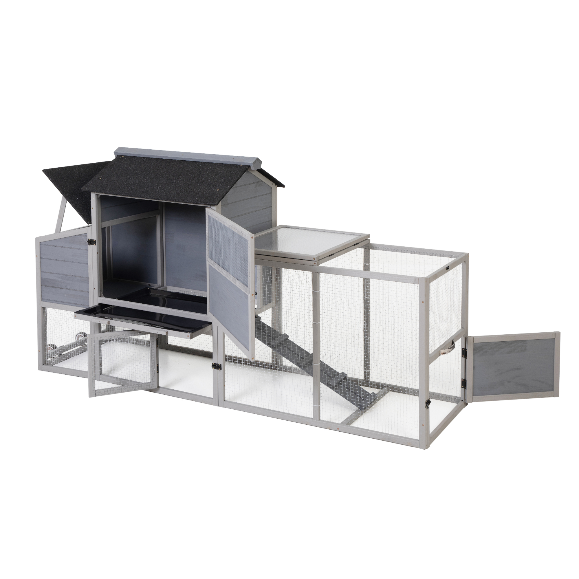Portable Mobile Chicken Coop with Nesting Box, Sleeping Room, Run, Window, Sun Board, Doors, Pull-Out Tray, Wheels, Outdoor Backyard Pen for Small Animals, Gray with Colorful Patterns