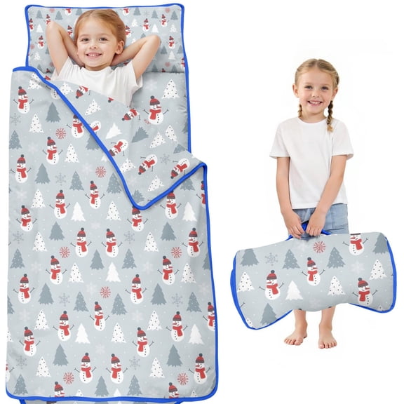 Light Blue Christmas Snowman and Tree Pattern Toddler Nap Mats for Kids Preschool,50"x20" Sleeping Mat Bag or Kids,Toddler Sleeping Bag,Toddler Nap Mat or Daycare