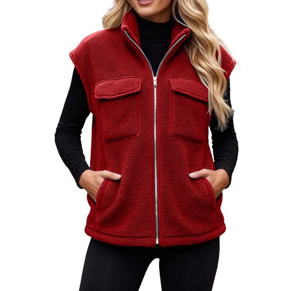 NominalSnug Women Fleece Vest Sleeveless Stand Collar Full Zip Gilet Casual Outerwear With Multi Pockets