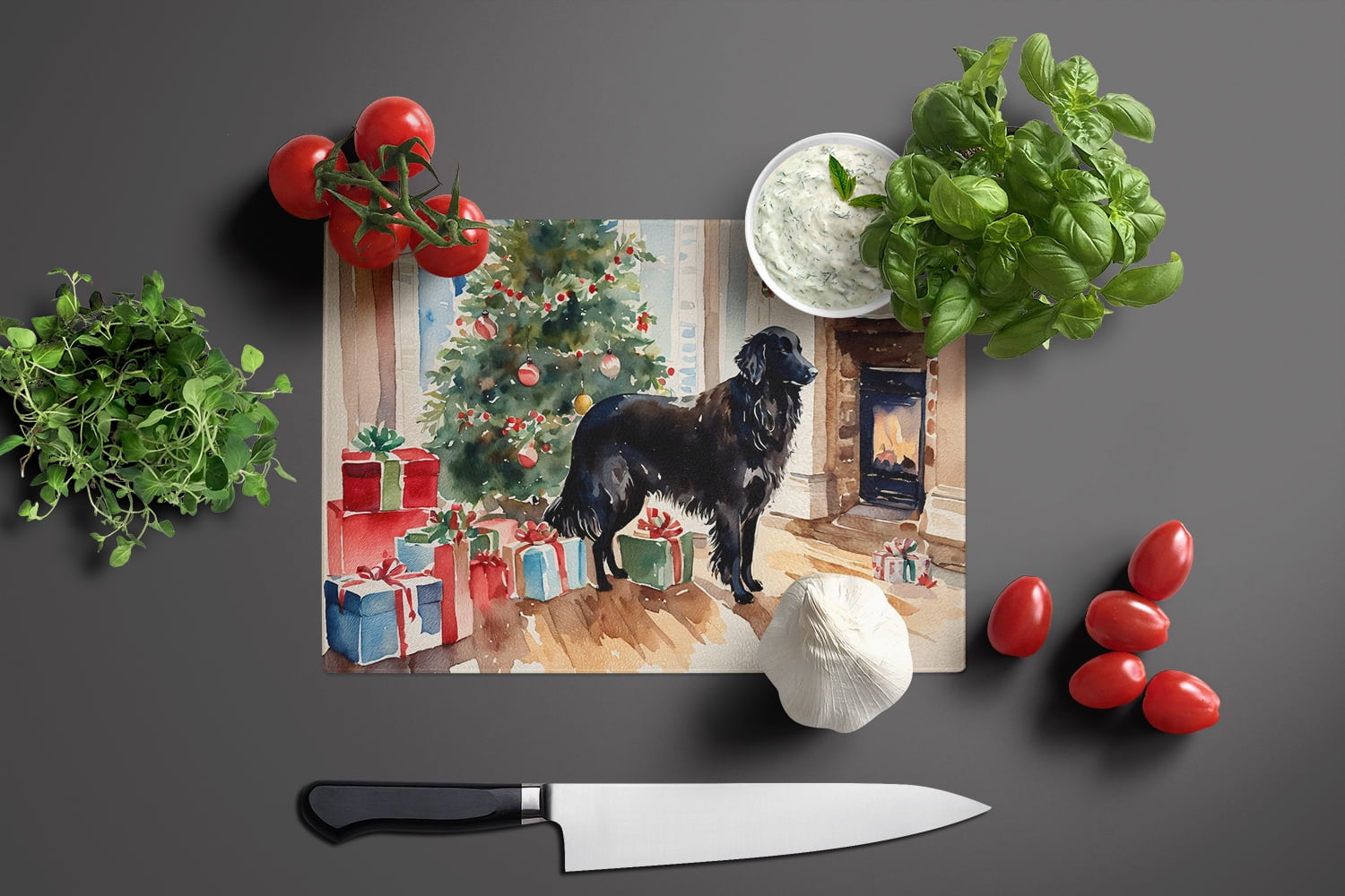 Flat-Coated Retriever Cozy Christmas Glass Cutting Board Large 12 in x 15 in