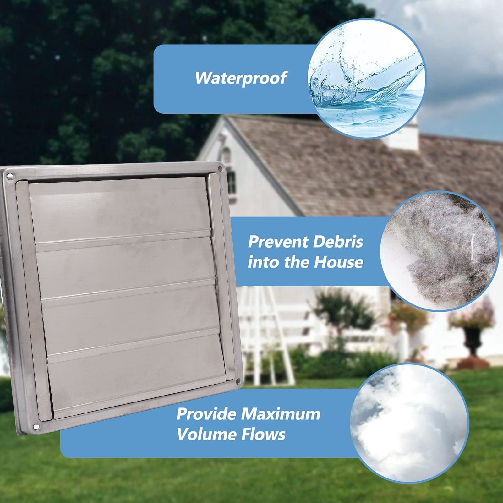 M Buder Dryer Vent Cover with Detachable Moving Flaps Square 125mm / 4.9 inches Stainless Steel Wind Rain Proof Exterior Wall Hood for Ventilation Duct Air Conditioner