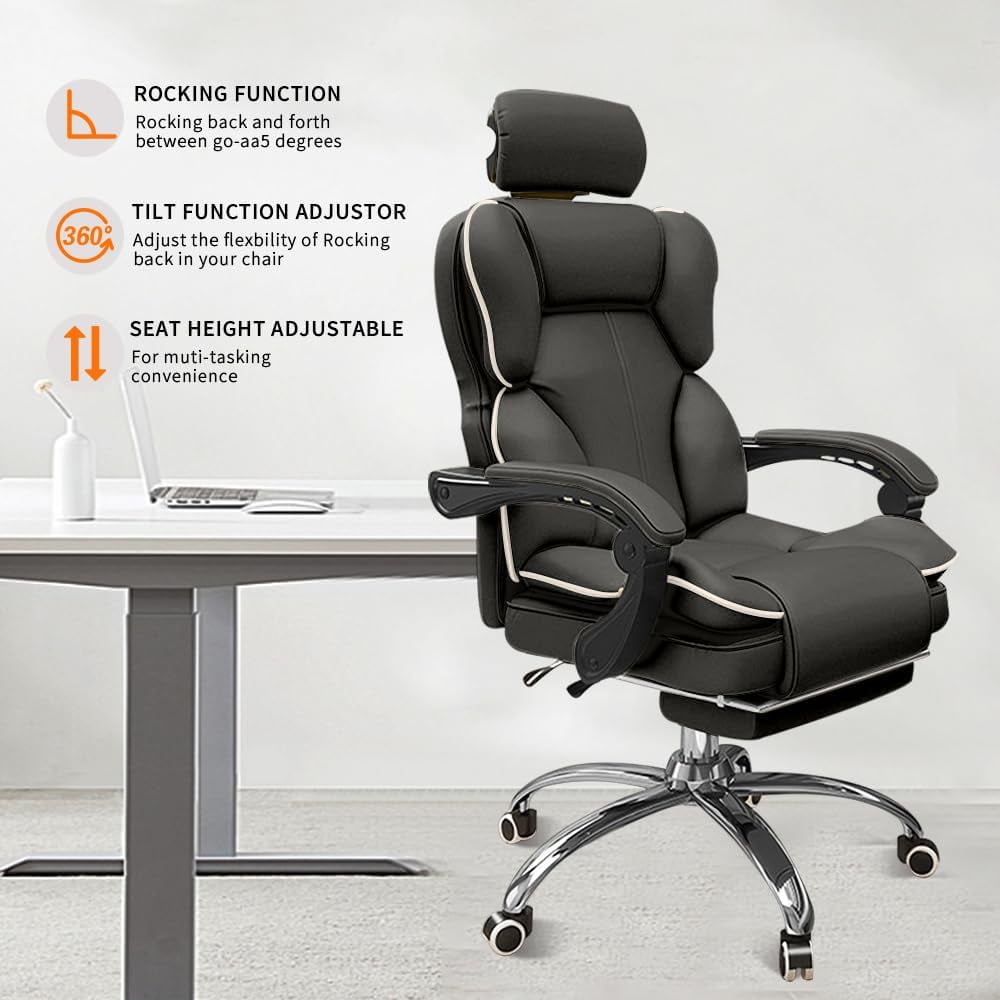 WXJHL Ergonomic Office Chair High Back Cushion Lumbar Back Support Computer Chairs with Footrest and Lumbar Support PU Leather Office Reclining Chair Gameing Chair Desk Chair（Black）